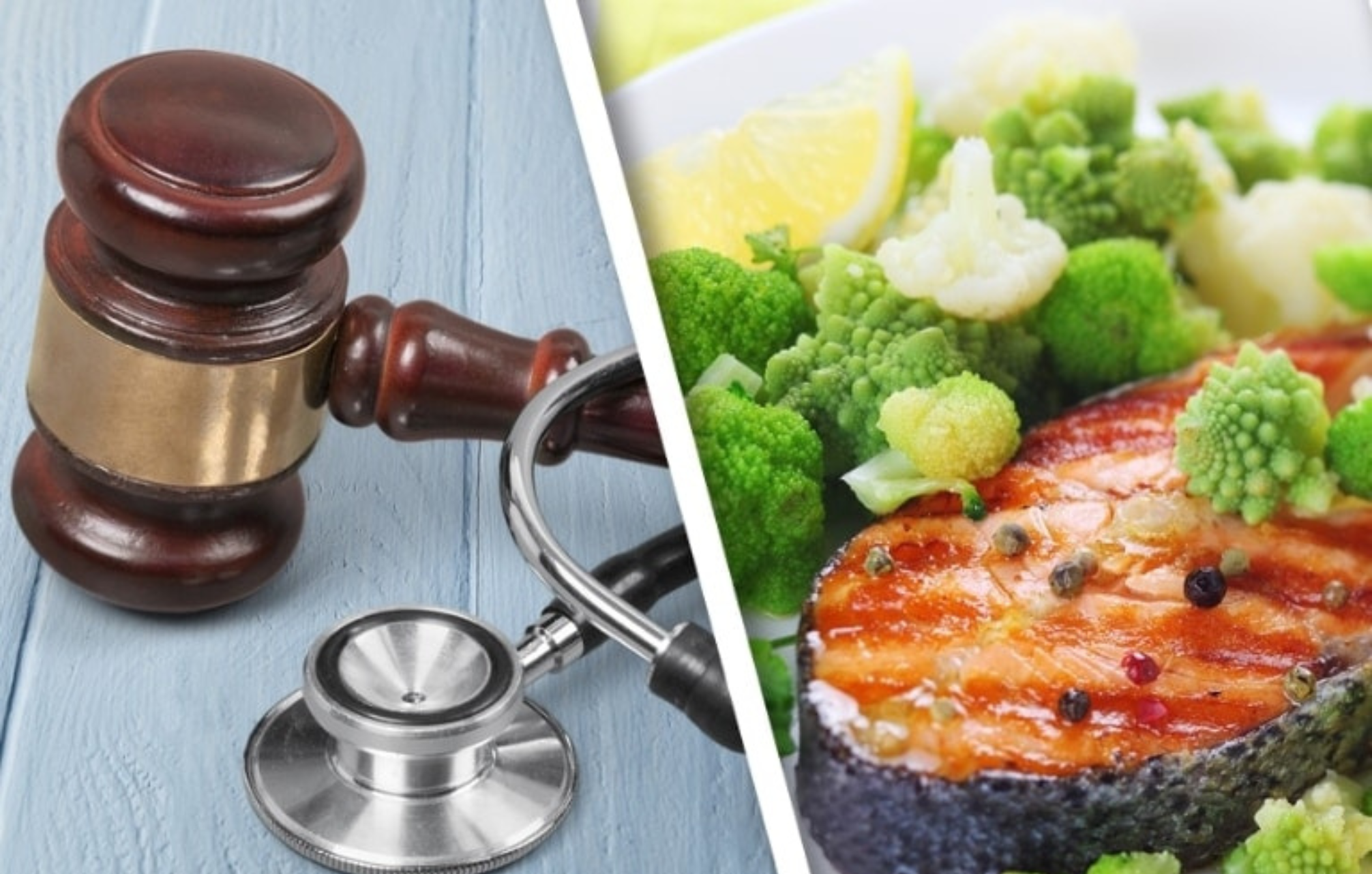 Image of a gavel; salmon and vegetables