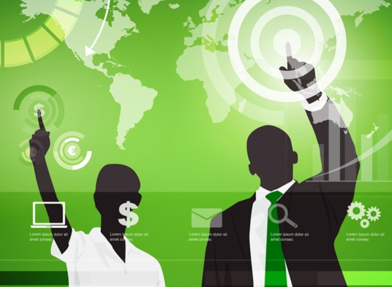 Graphic with two silhouettes pointing at a world map 