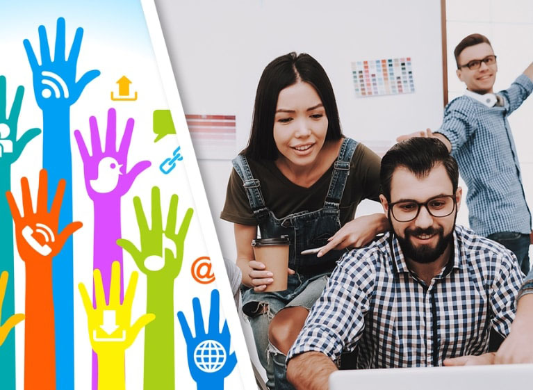 Three people in an office setting