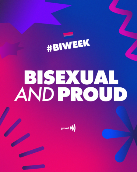Flyer says "Bisexual and proud" with the colors purple, pink and blue