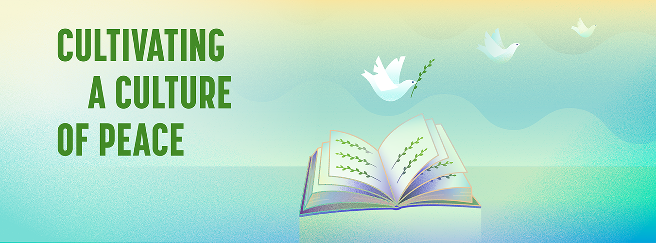 Picture of dove with text "Cultivating a culture of peace"