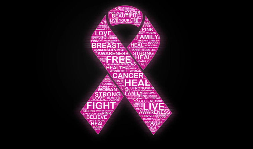 A glowing pink breast cancer awareness ribbon filled with words such as 'breast,' 'cancer,' 'strong,' 'heal,' 'survivor,' 'family,' and 'awareness.' The words emphasize themes of strength, hope, and the fight against breast cancer, with a dark background highlighting the bright ribbon