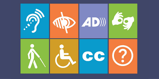 A graphic featuring eight squares, each with a symbol representing different accessibility features: a symbol for hearing impairment, visual impairment, audio description, sign language, a person using a cane, a person in a wheelchair, closed captioning, and a question mark indicating additional assistance.