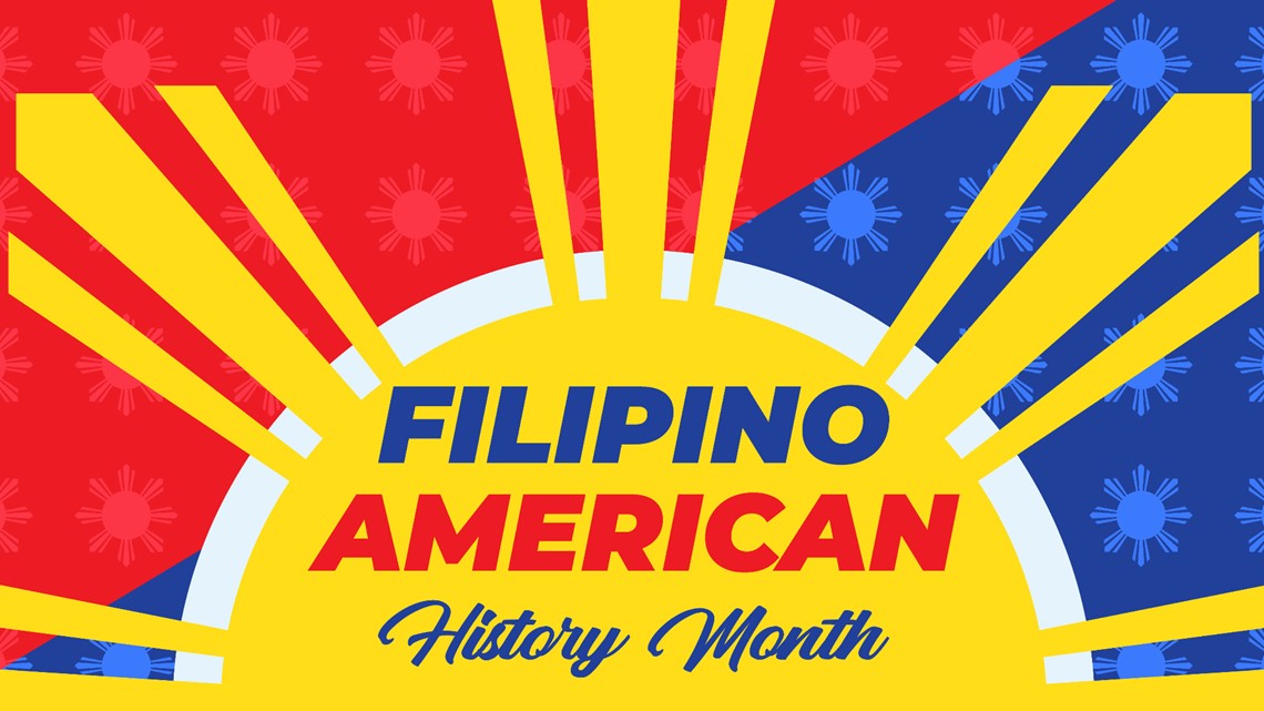 Graphic of a yellow sun with on a red and blue diagonal background. Inside the sun reads "Filipino American History Month"