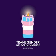 Purple flyer with a lit candle with blue, pink, and white horizontal stripes signifying the transgender flag. Flyer says "Transgender Day of Remembrance, November 20"