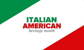 Graphic of diagonal Italian flag (Green, white, and red stripes) with the words "Italian American Heritage Month" 