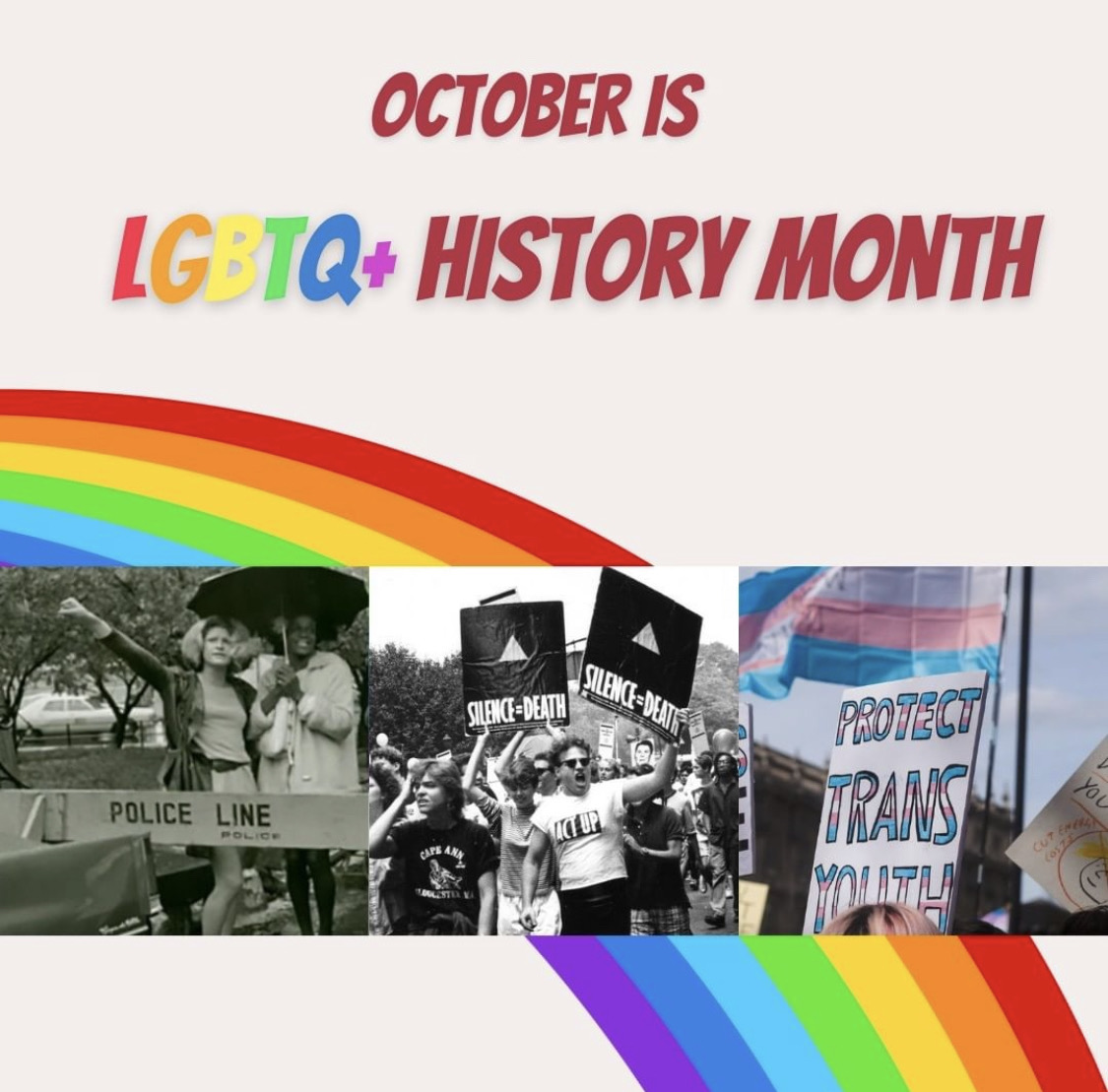 Graphic with three pictures. A black and white picture of Marsha P Johnson and Sylvia Rivera standing behind a barrier that says "police line", while Sylvia raises a fist. Next picture is black and white of a crowd of people holding signs with a pink triangle and the words "Silence equals Death". Third picture is of a poster with the Transgender flag colors of blue, pink, and white and reads "Protect Trans Youth" signifying power in history. 