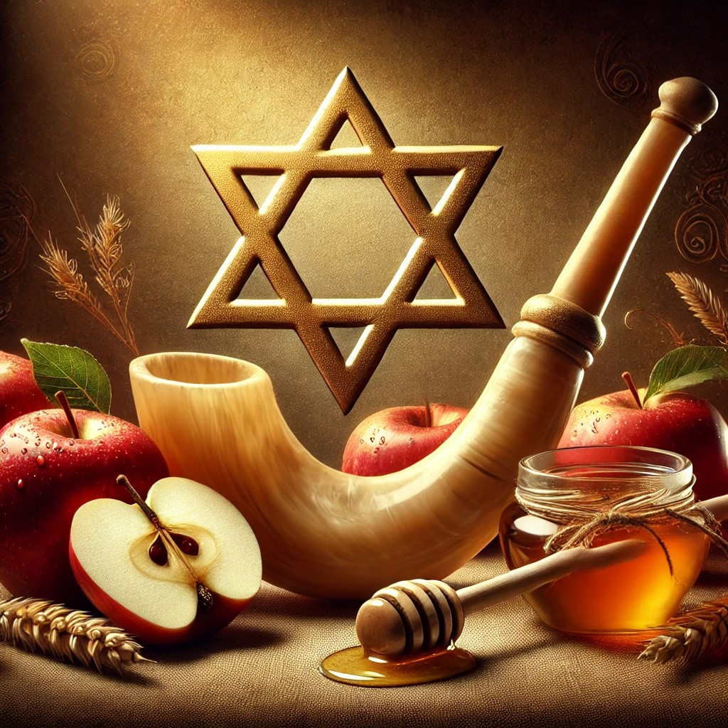 An image representing the Jewish New Year (Rosh Hashanah), featuring a shofar (ram's horn), apples, honey, and a Star of David. The setting has warm gold and red tones, symbolizing hope for a sweet new year."