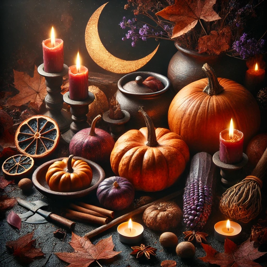An image representing the Pagan New Year (Samhain), showing pumpkins, candles, autumn leaves, and a crescent moon. The scene is dark and mystical, with deep tones of orange, brown, and purple, reflecting the seasonal change and a sense of reflection.