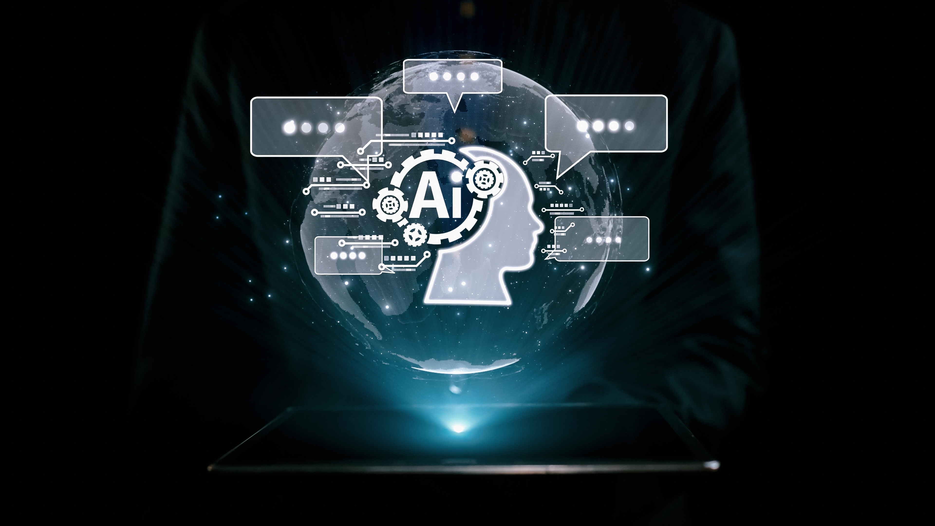 futuristic graphic of a human head with the word AI swirling around it