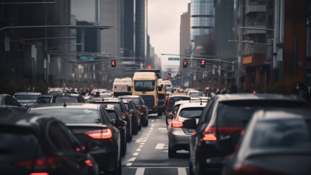 cars stuck in traffic in the middle of a city