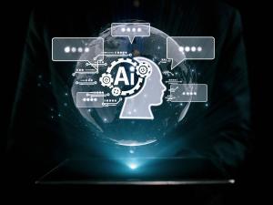 futuristic graphic of a human head with the word AI swirling around it