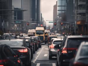 cars stuck in traffic in the middle of a city