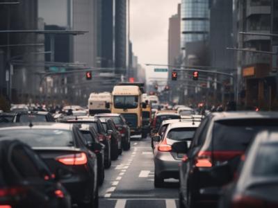 cars stuck in traffic in the middle of a city