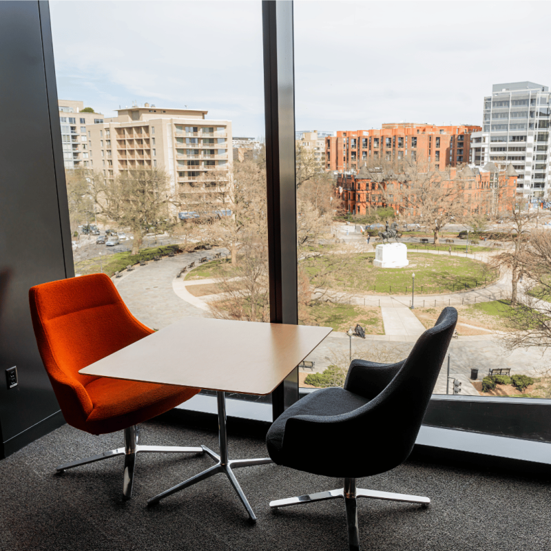 Overlooking a plaza on campus