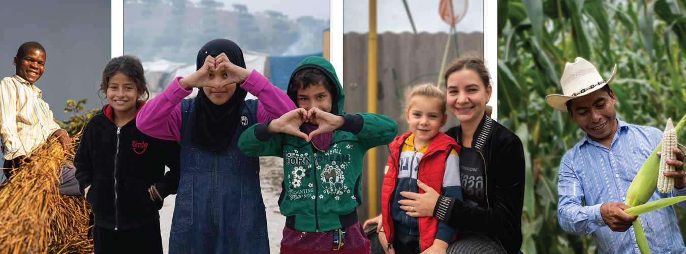 Picture of people of various ethnicities smiling, two young girls are making heart shapes with hands