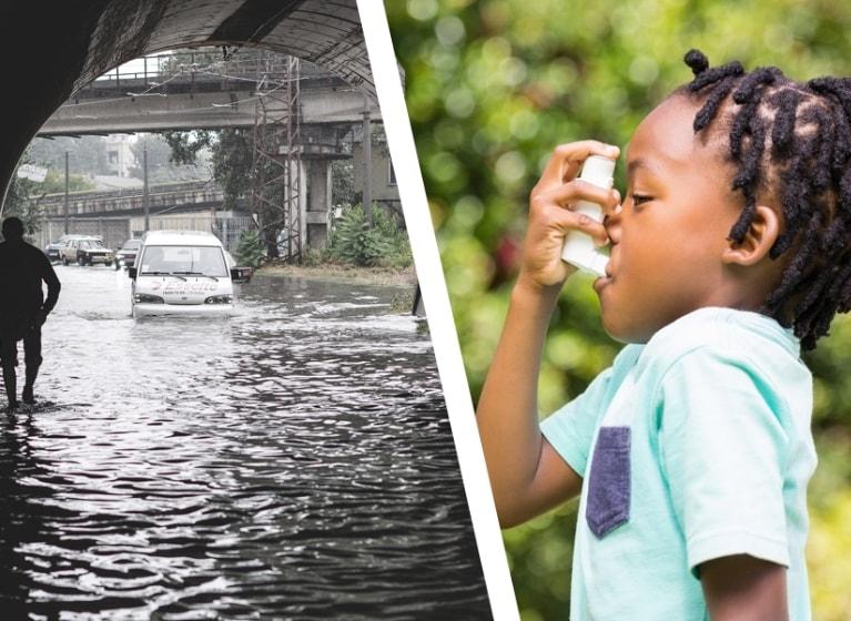 side by side photos of a flood and a child using an inhaler