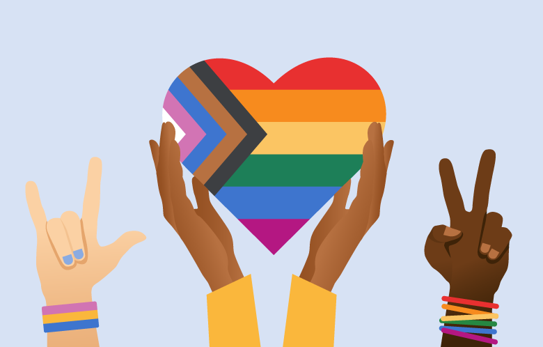 Graphic with hands making various peace signs, center hands holding rainbow heart