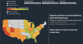 US map showing hispanic physician workforce from 2010 to 2019