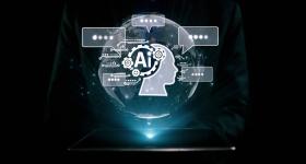 futuristic graphic of a human head with the word AI swirling around it