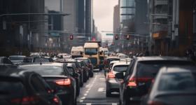 cars stuck in traffic in the middle of a city