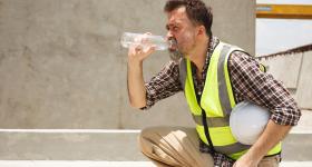 Construction worker drinking water